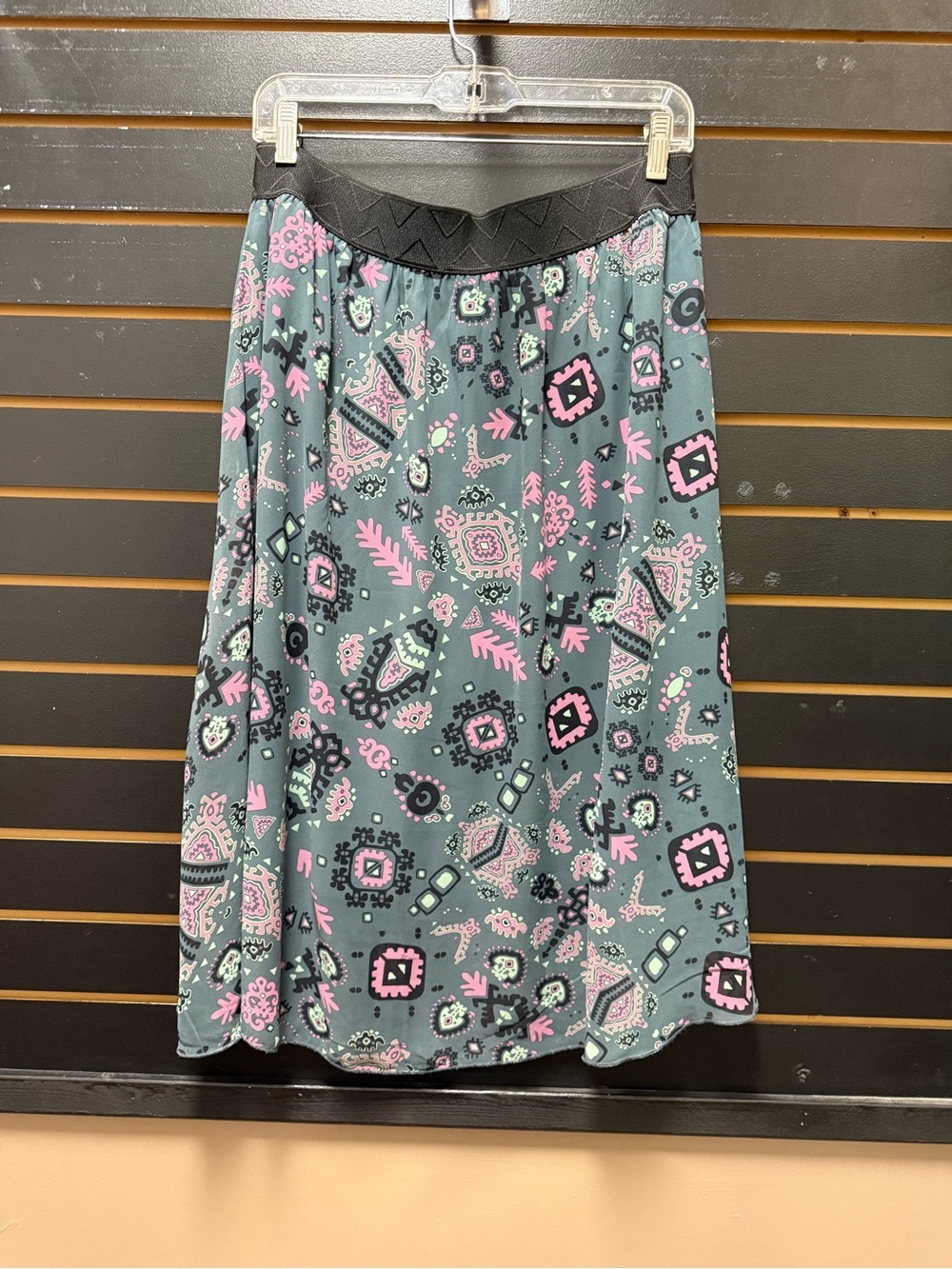 LuLaRoe Lola Skirt Size L Dusty Teal Pink Geometric Tribal Print